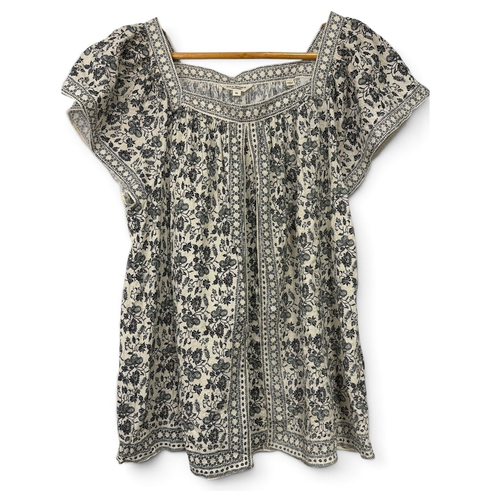 Max Studio London Womens 1X Navy Cream Floral Square Neck Flutter Sleeve Blouse